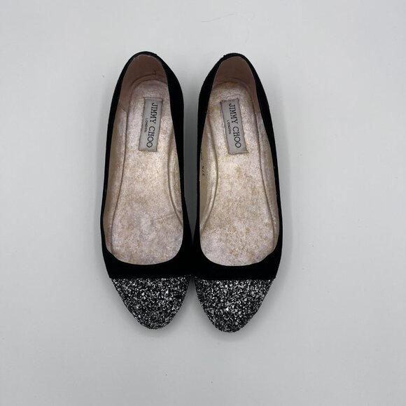 Jimmy Choo Black Suede & Glitter Cap-Toe Ballet Flats – Size 37.5 (US: 7/7.5) - Picture 3 of 6